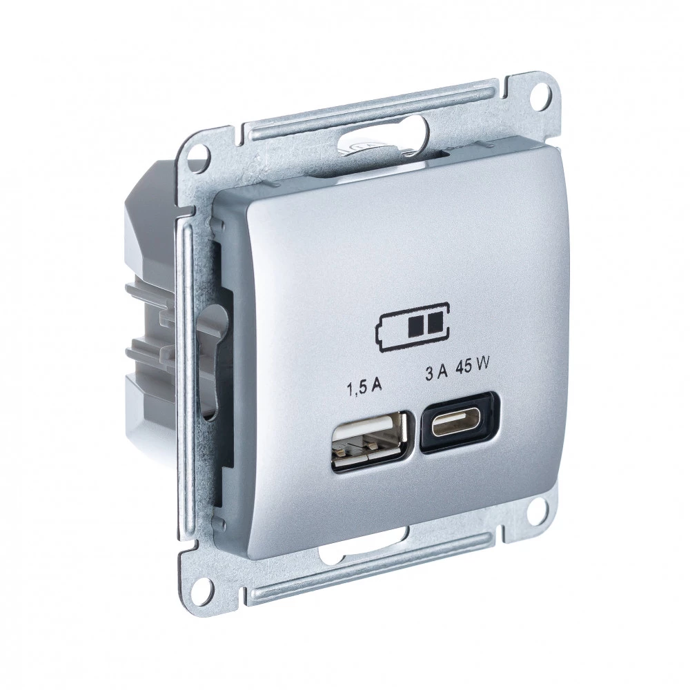  артикул GSL000329 название Розетка двойная для быcтрой зарядки USB, Тип А+С, 45Вт , Алюминий, серия Glossa, Schneider Electric