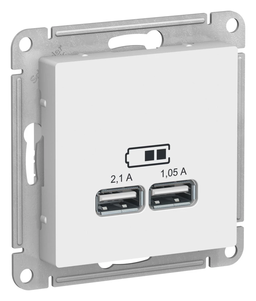  артикул ATN001333 название Зарядное устройство USB с двумя выходами 2100 мА , Белый Лотос, серия Atlas Design, Schneider Electric