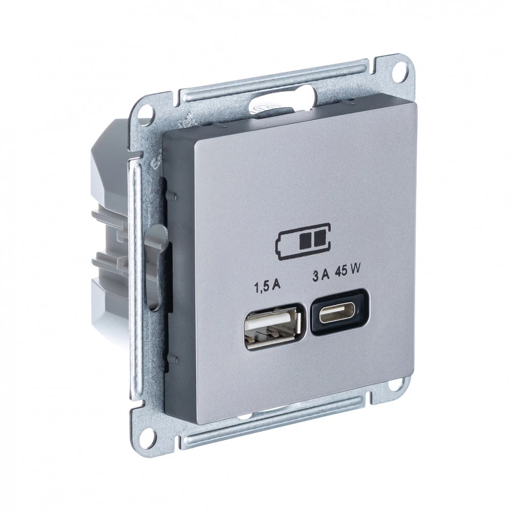  артикул ATN000929 название Розетка двойная для быcтрой зарядки USB, Тип А+С, 45Вт , Сталь, серия Atlas Design, Schneider Electric