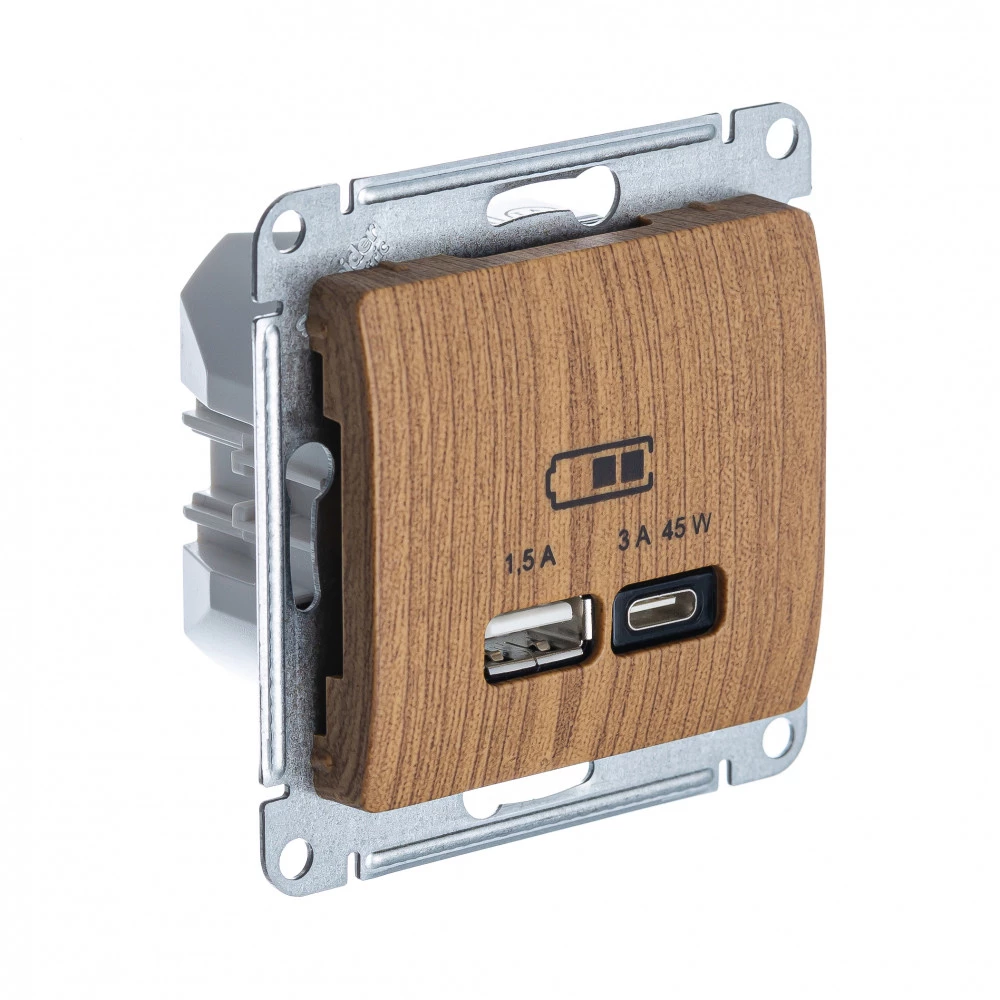  артикул GSL000529 название Розетка двойная для быcтрой зарядки USB, Тип А+С, 45Вт , Дерево Дуб, серия Glossa, Schneider Electric