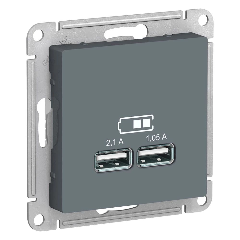  артикул ATN000733 название Зарядное устройство USB с двумя выходами 2100 мА , Грифель, серия Atlas Design, Schneider Electric
