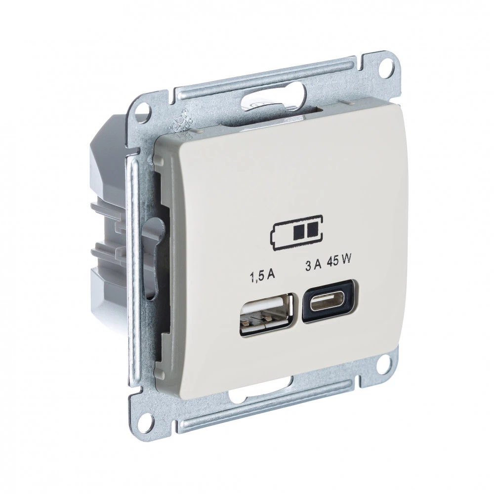  артикул GSL000929 название Розетка двойная для быcтрой зарядки USB, Тип А+С, 45Вт , Молочный, серия Glossa, Schneider Electric