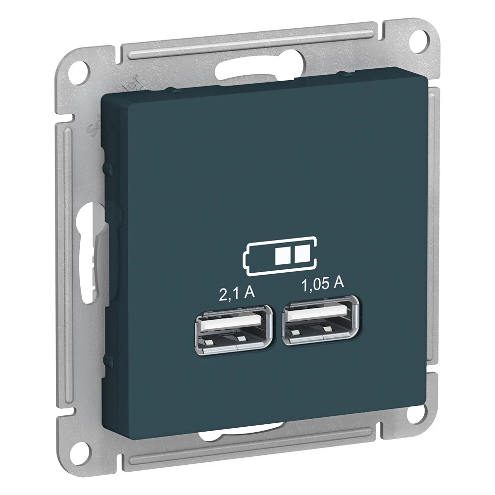  артикул ATN000833 название Зарядное устройство USB с двумя выходами 2100 мА , Изумруд, серия Atlas Design, Schneider Electric