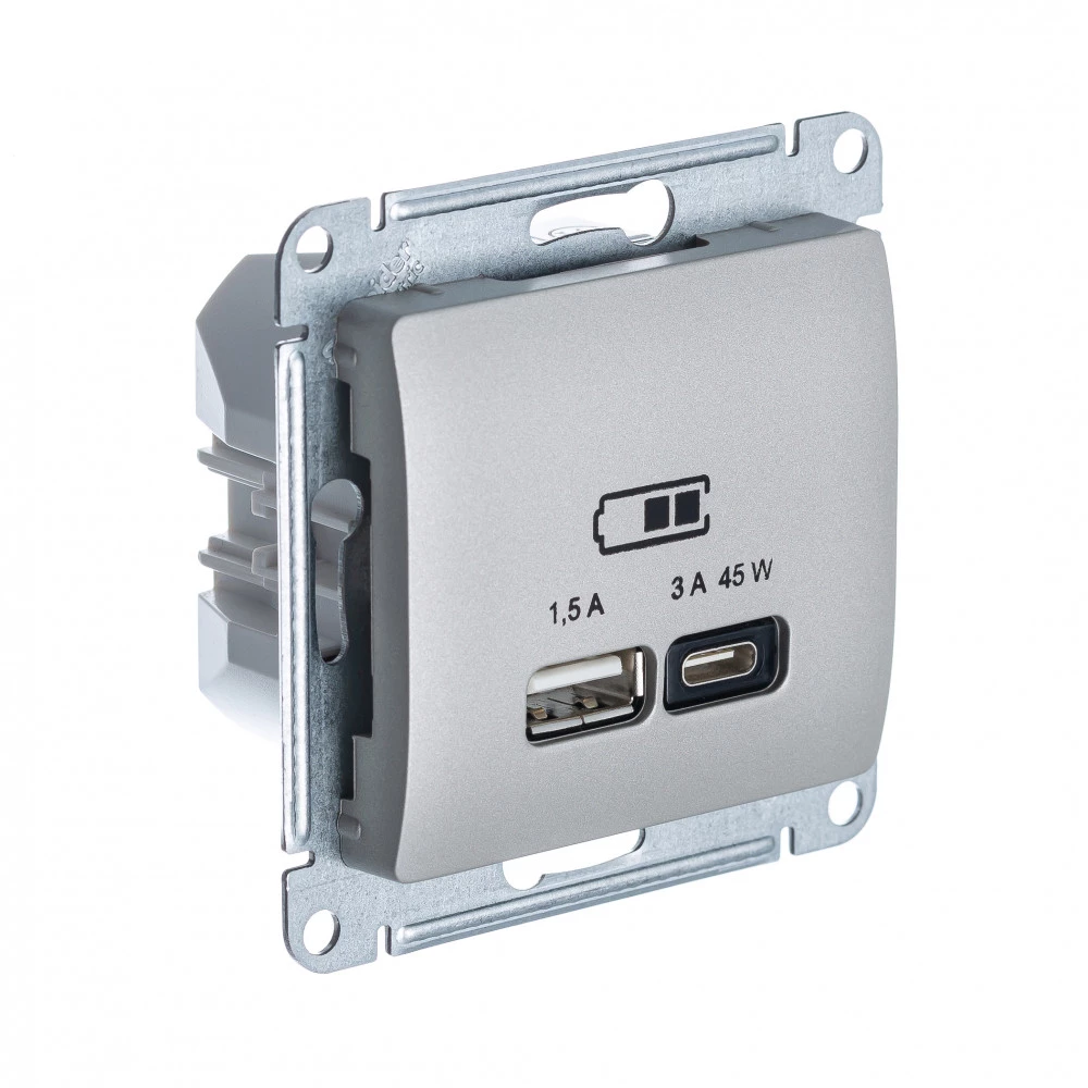  артикул GSL001229 название Розетка двойная для быcтрой зарядки USB, Тип А+С, 45Вт , Платина, серия Glossa, Schneider Electric