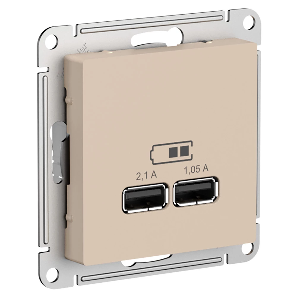  артикул ATN001233 название Зарядное устройство USB с двумя выходами 2100 мА , Песочный, серия Atlas Design, Schneider Electric