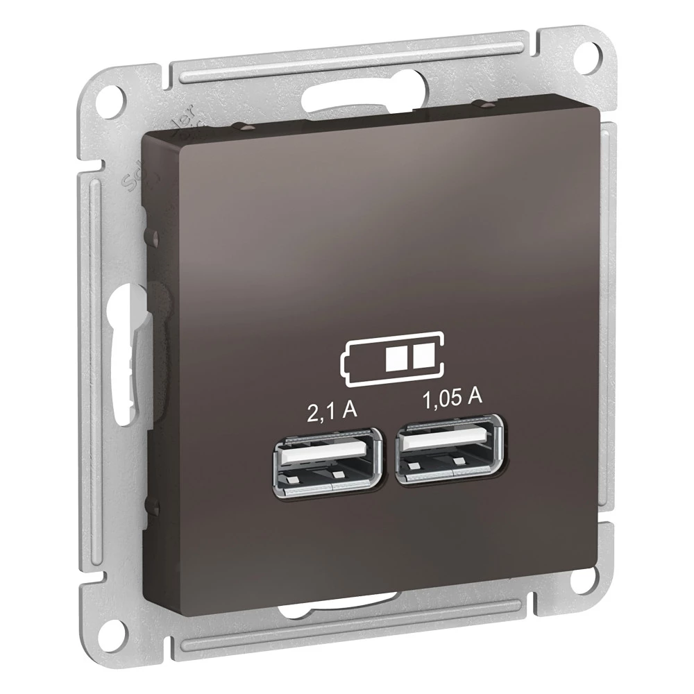  артикул ATN000633 название Зарядное устройство USB с двумя выходами 2100 мА , Мокко, серия Atlas Design, Schneider Electric