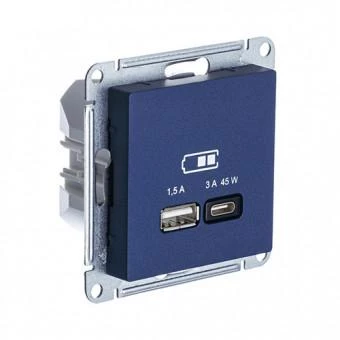  артикул ATN001129 название Розетка двойная для быcтрой зарядки USB, Тип А+С, 45Вт , Аквамарин, серия Atlas Design, Schneider Electric