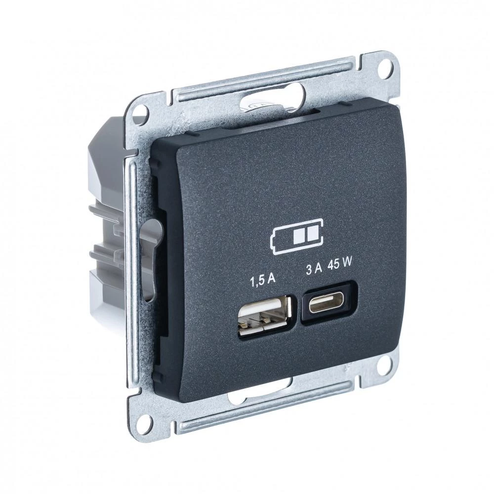  артикул GSL000729 название Розетка двойная для быcтрой зарядки USB, Тип А+С, 45Вт , Антрацит, серия Glossa, Schneider Electric