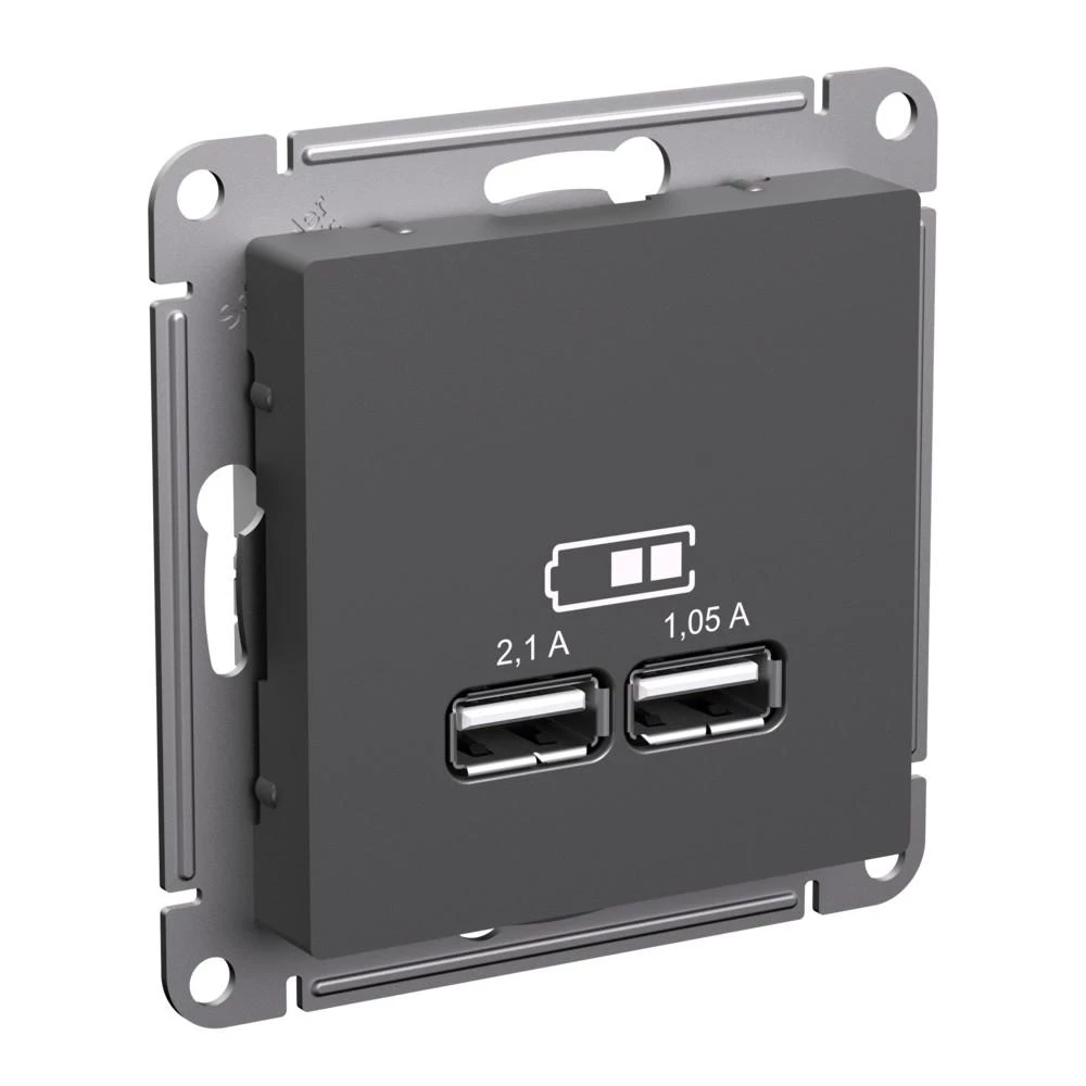  артикул ATN001433 название Зарядное устройство USB с двумя выходами 2100 мА , Базальт, серия Atlas Design, Schneider Electric