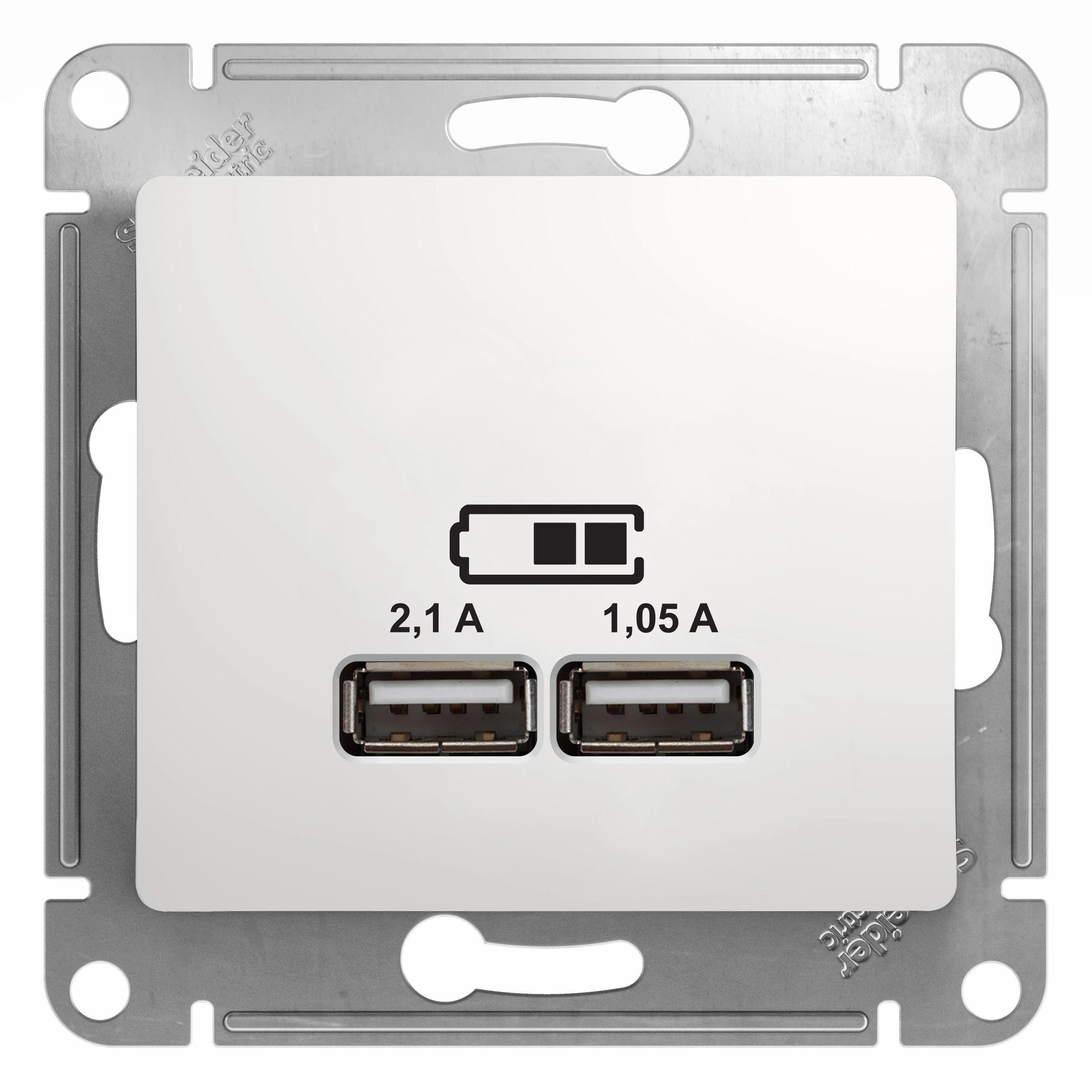  артикул GSL000133 название Зарядное устройство USB с двумя выходами 2100 мА , Белый, серия Glossa, Schneider Electric