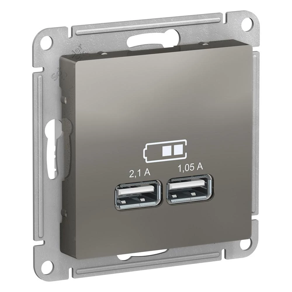  артикул ATN000933 название Зарядное устройство USB с двумя выходами 2100 мА , Сталь, серия Atlas Design, Schneider Electric