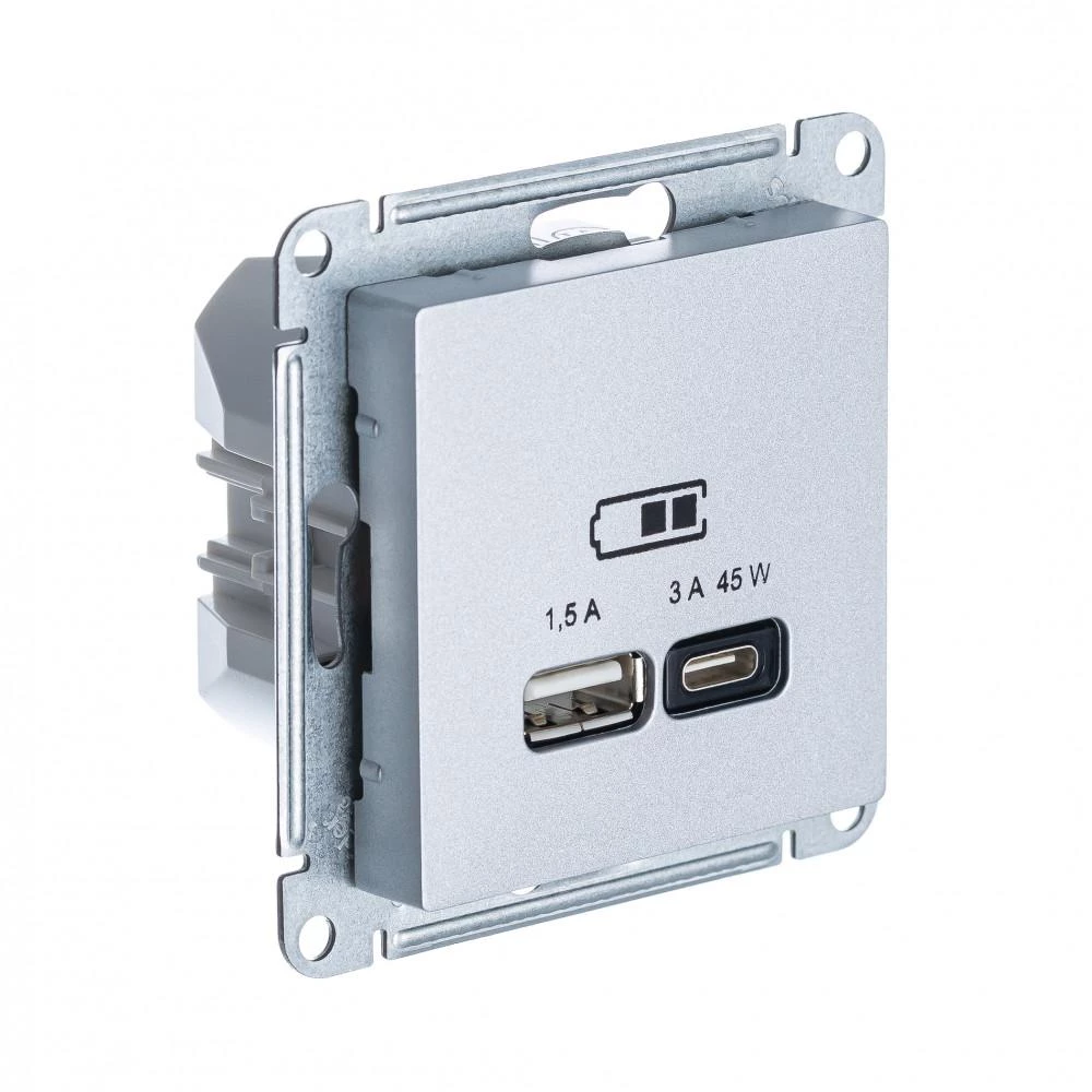  артикул ATN000329 название Розетка двойная для быcтрой зарядки USB, Тип А+С, 45Вт , Алюминий, серия Atlas Design, Schneider Electric
