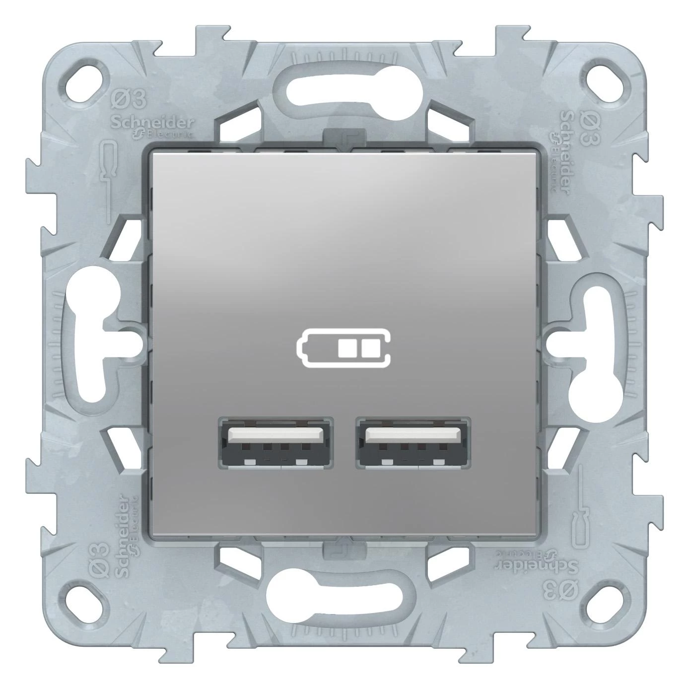  артикул NU541830 название Зарядное устройство USB с двумя выходами , Алюминий, серия Unica New, Schneider Electric