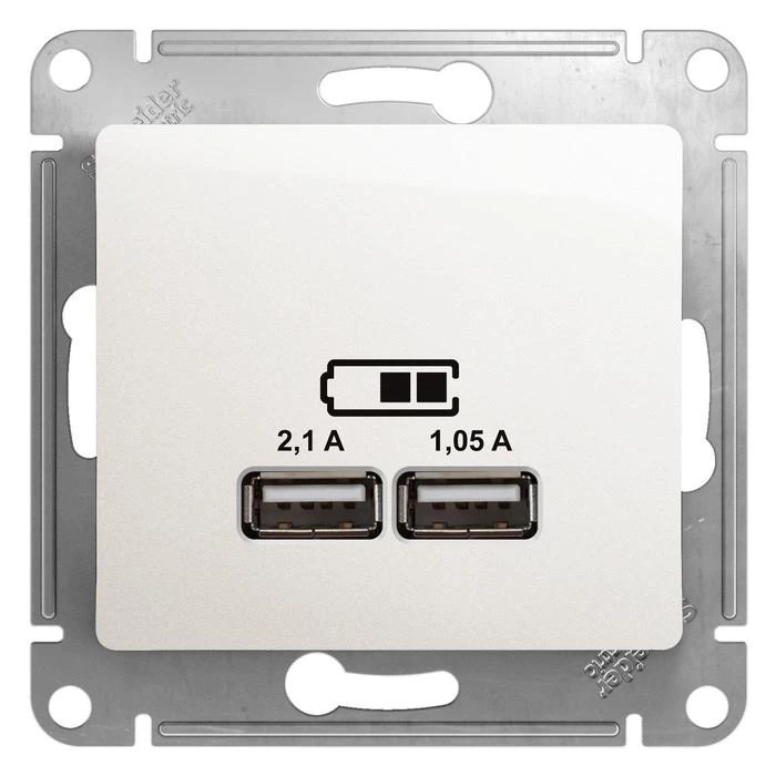  артикул GSL000633 название Зарядное устройство USB с двумя выходами 2100 мА , Перламутр, серия Glossa, Schneider Electric