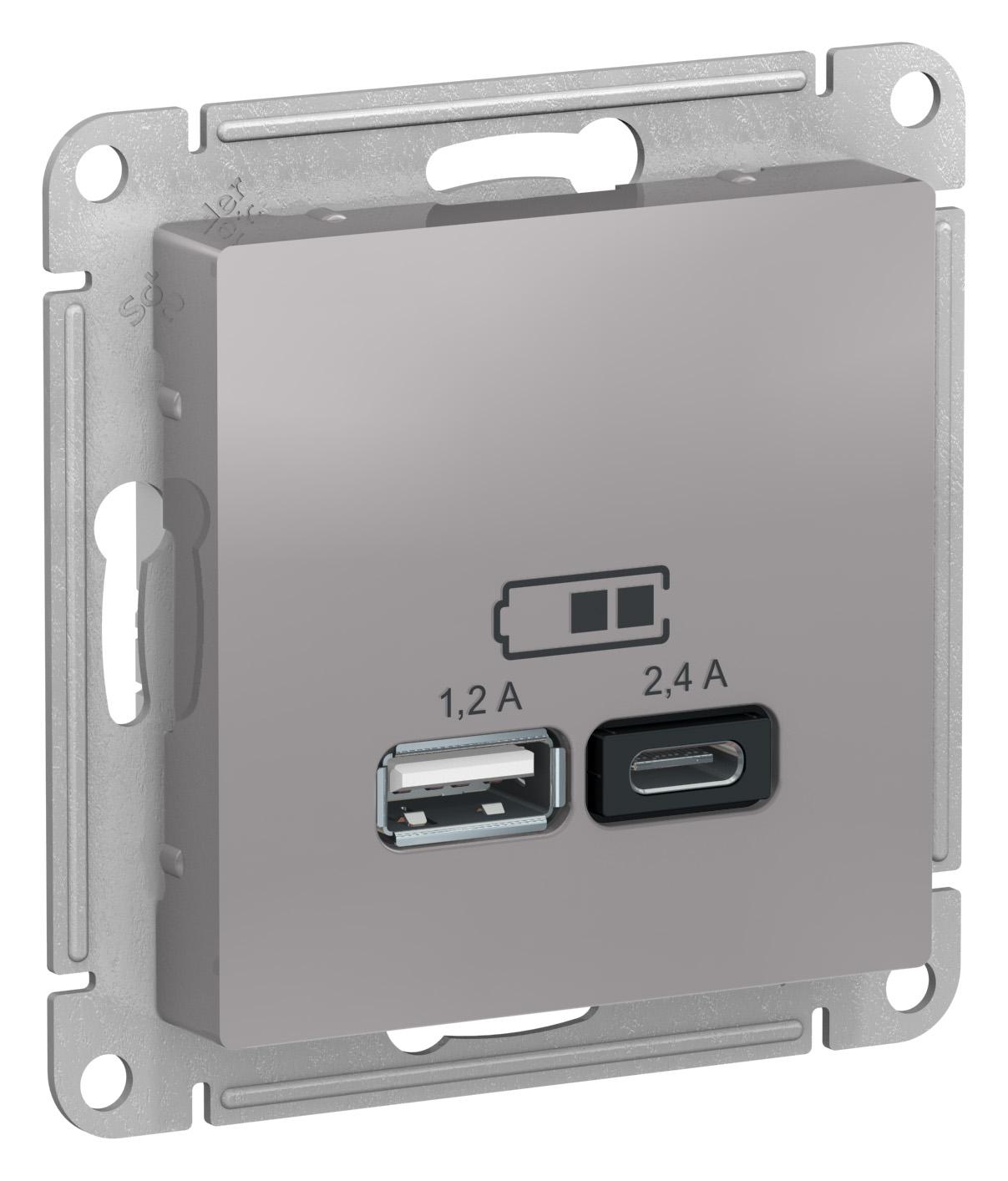 Розетка USB 2-ая Тип А+С, 2400 мА (для подзарядки) , Алюминий, серия Atlas Design, Schneider Electric артикул ATN000339