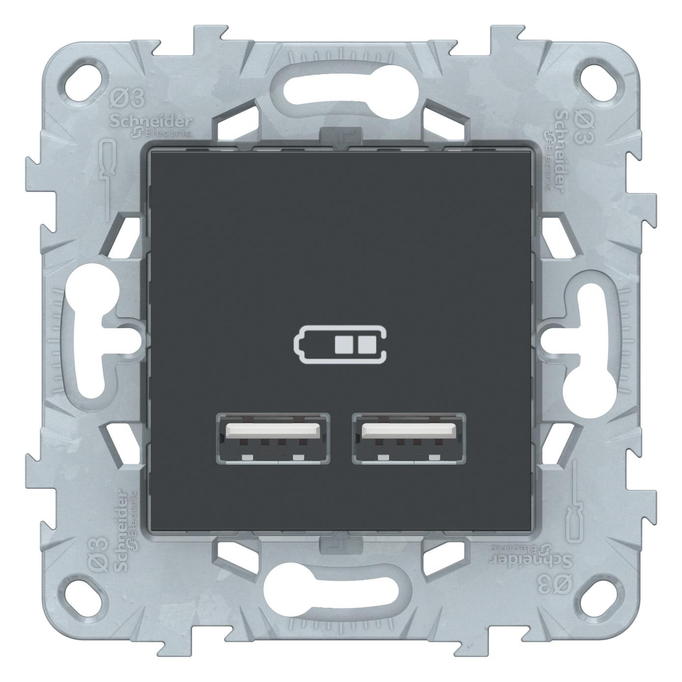  артикул NU541854 название Зарядное устройство USB с двумя выходами , Антрацит, серия Unica New, Schneider Electric