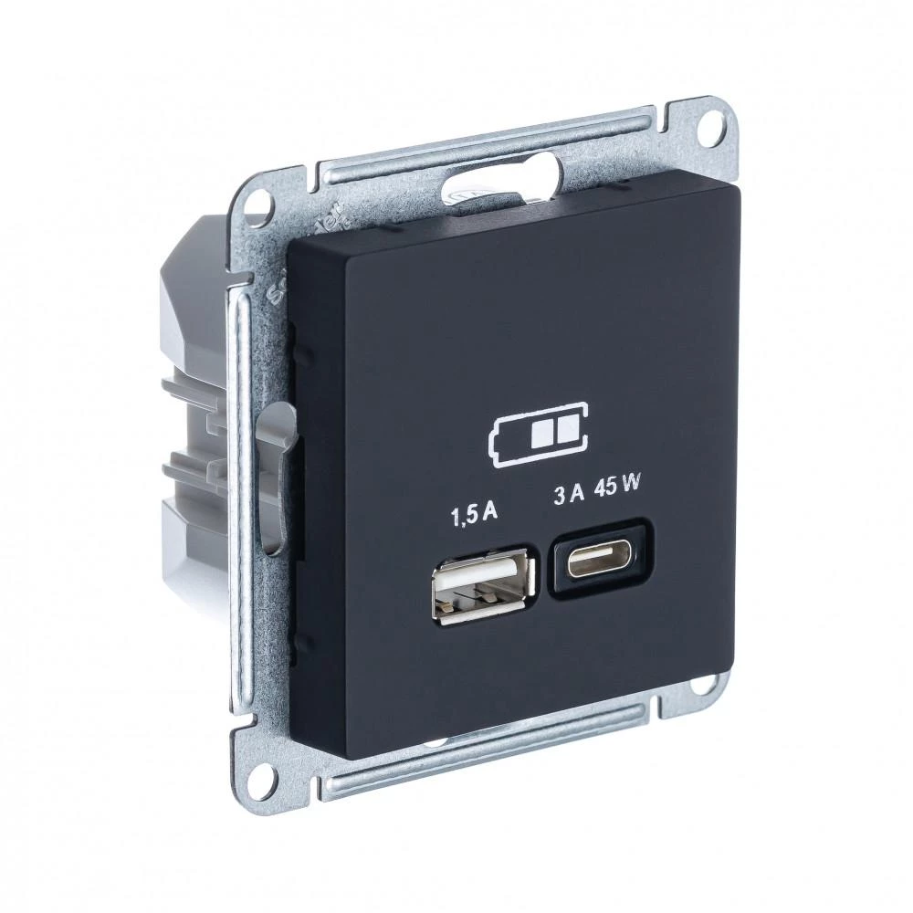  артикул ATN001029 название Розетка двойная для быcтрой зарядки USB, Тип А+С, 45Вт , Карбон, серия Atlas Design, Schneider Electric