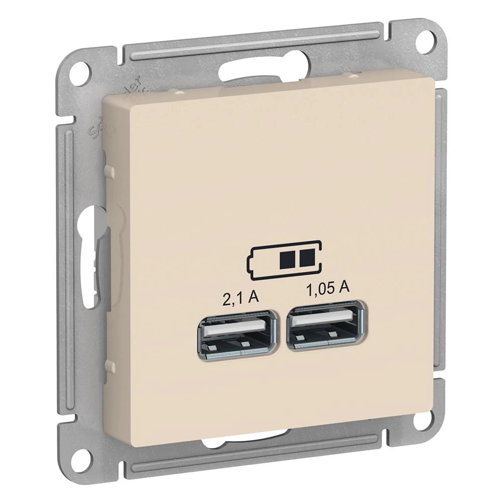  артикул ATN000233 название Зарядное устройство USB с двумя выходами 2100 мА , Бежевый, серия Atlas Design, Schneider Electric