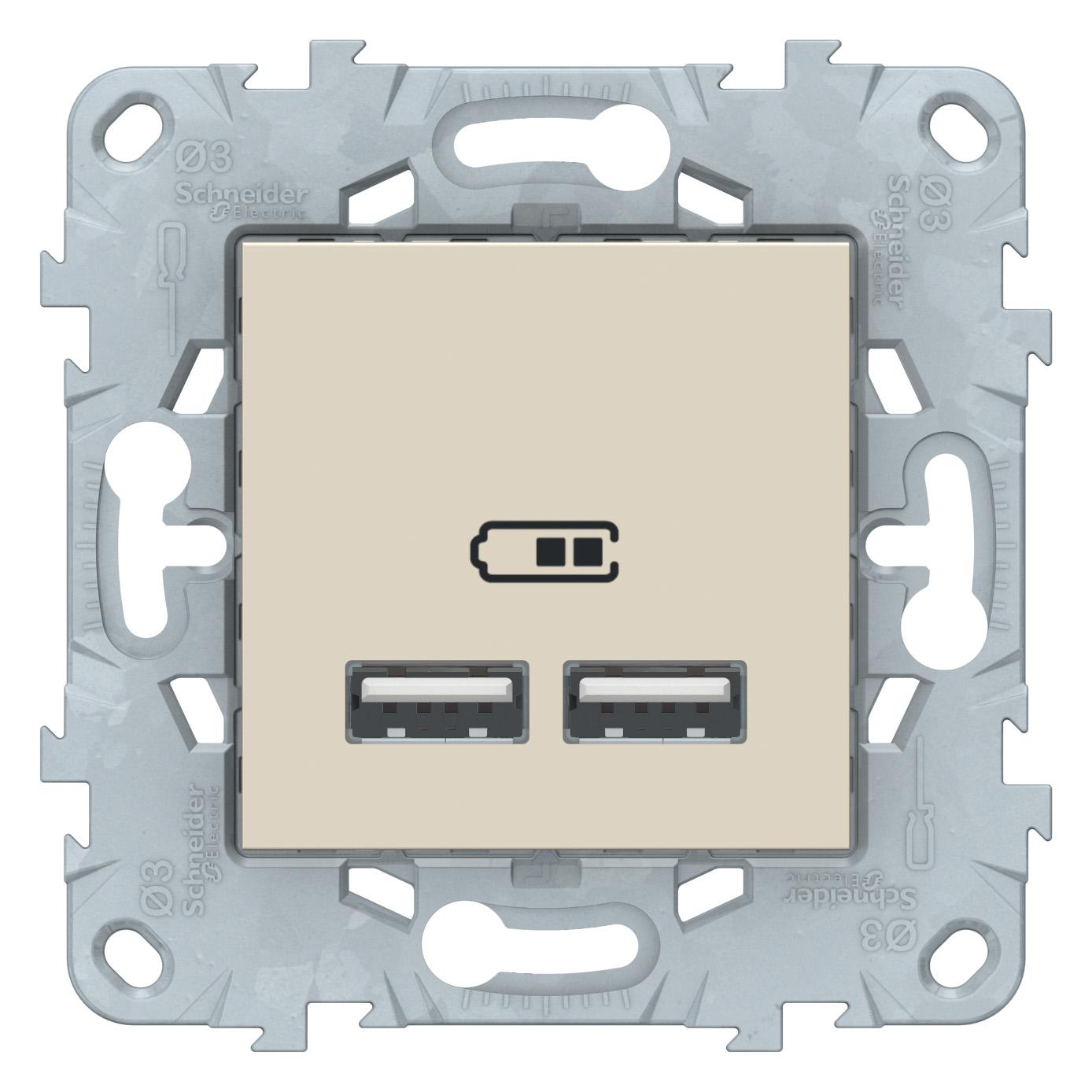  артикул NU541844 название Зарядное устройство USB с двумя выходами , Бежевый, серия Unica New, Schneider Electric