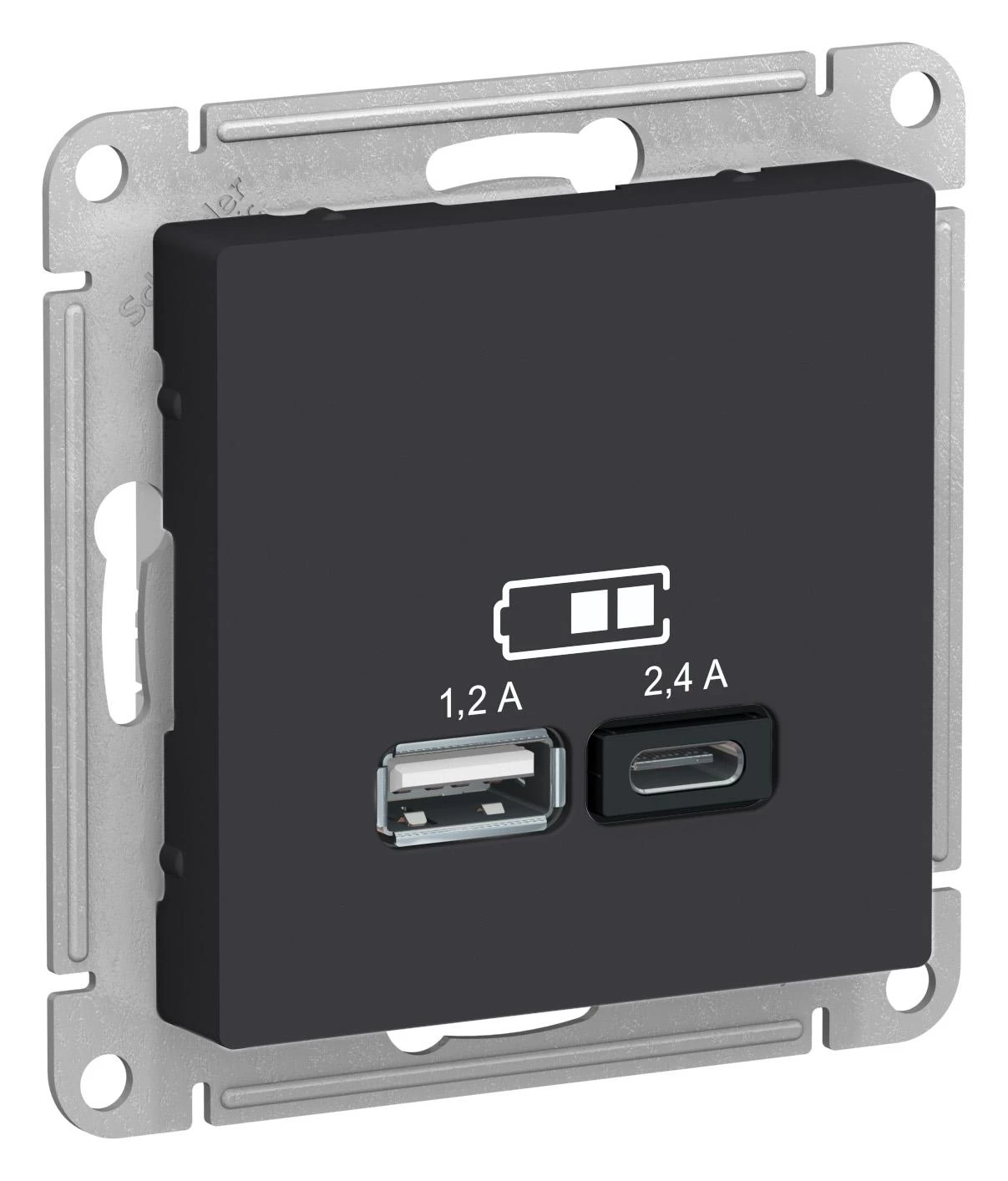  артикул ATN001039 название Розетка USB 2-ая Тип А+С, 2400 мА (для подзарядки) , Карбон, серия Atlas Design, Schneider Electric