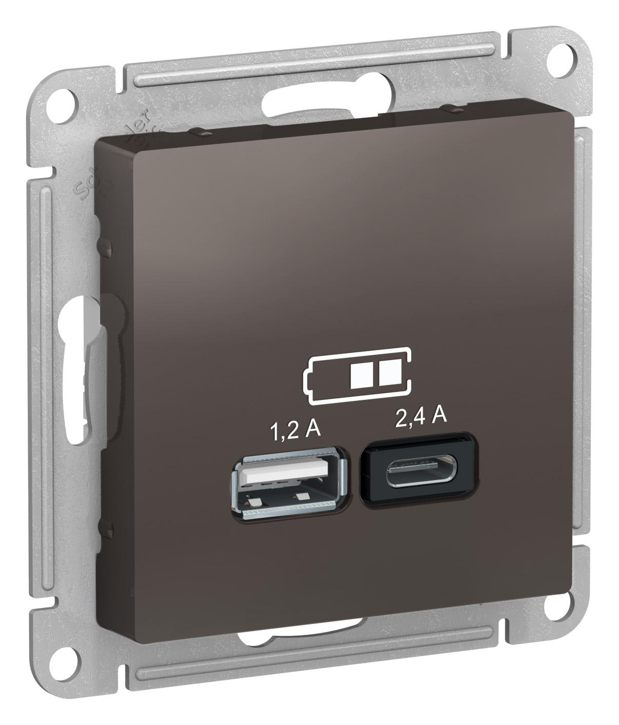 Розетка USB 2-ая Тип А+С, 2400 мА (для подзарядки) , Мокко, серия Atlas Design, Schneider Electric артикул ATN000639