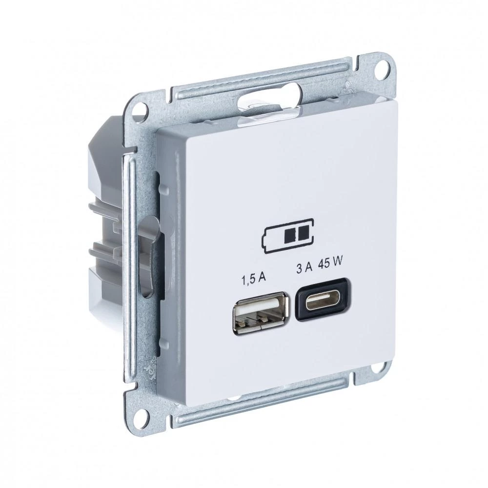  артикул ATN000129 название Розетка двойная для быcтрой зарядки USB, Тип А+С, 45Вт , Белый, серия Atlas Design, Schneider Electric