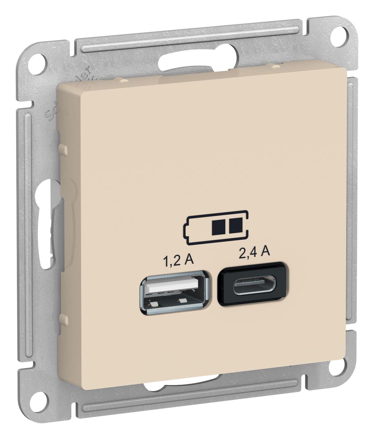 Розетка USB 2-ая Тип А+С, 2400 мА (для подзарядки) , Бежевый, серия Atlas Design, Schneider Electric артикул ATN000239