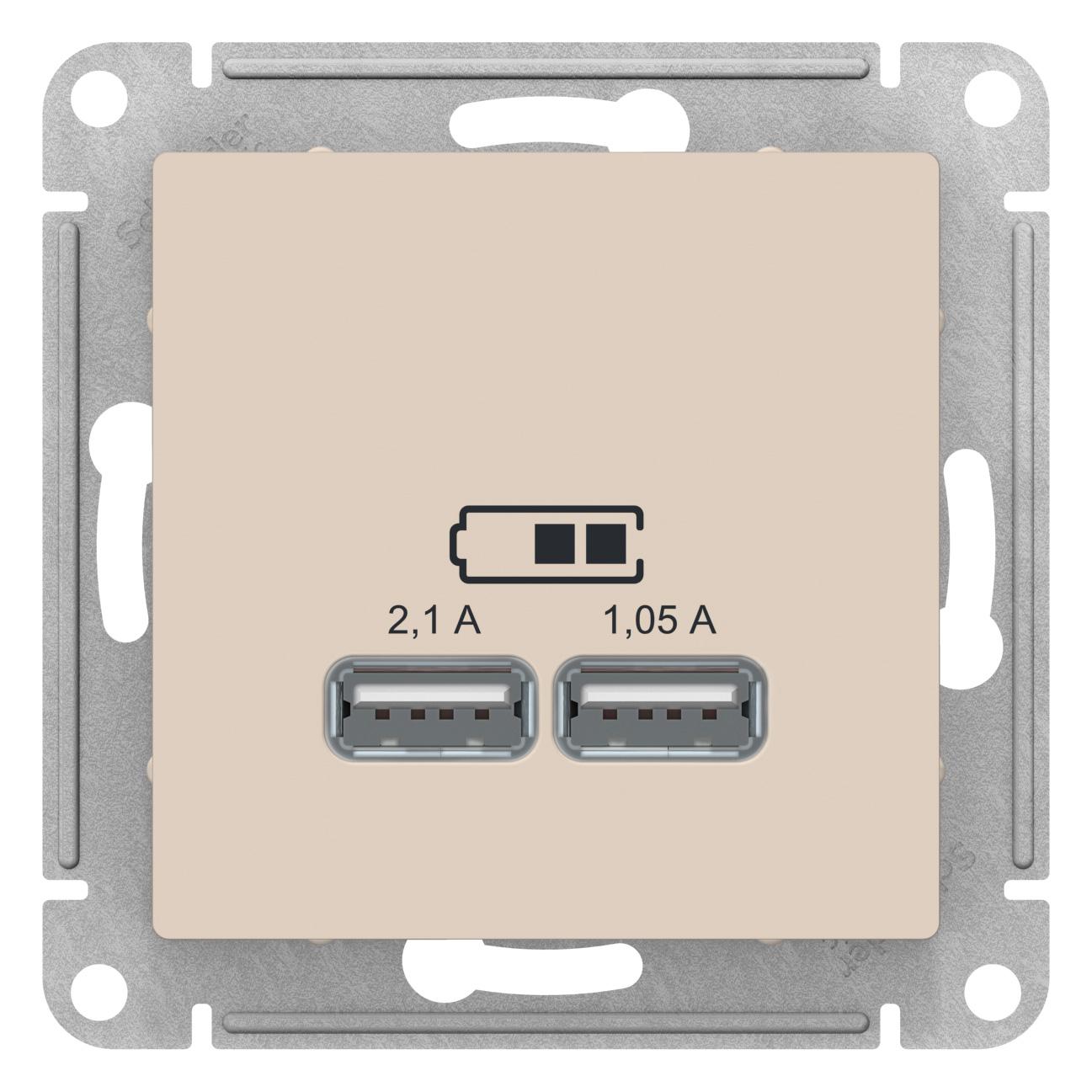 Зарядное устройство USB с двумя выходами 2100 мА , Бежевый, серия Atlas Design, Schneider Electric артикул ATN000233