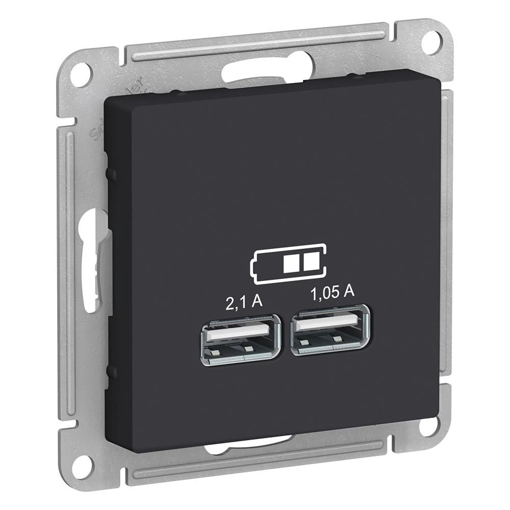  артикул ATN001033 название Зарядное устройство USB с двумя выходами 2100 мА , Карбон, серия Atlas Design, Schneider Electric
