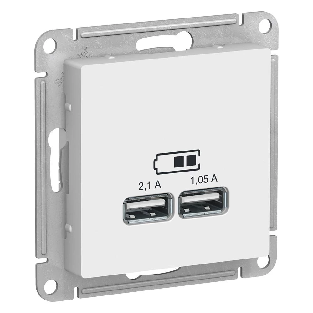  артикул ATN000133 название Зарядное устройство USB с двумя выходами 2100 мА , Белый, серия Atlas Design, Schneider Electric