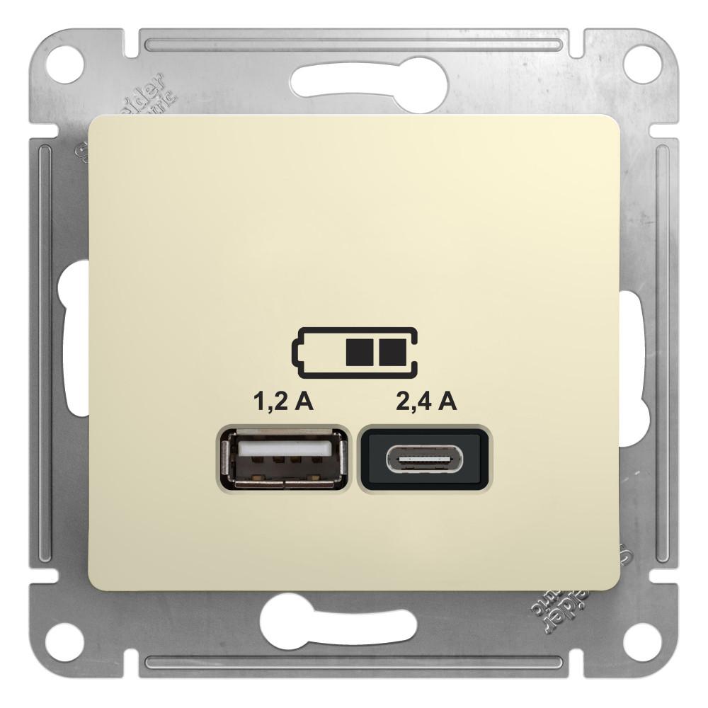 Розетка USB 2-ая Тип А+С, 2400 мА (для подзарядки) , Бежевый, серия Glossa, Schneider Electric артикул GSL000239