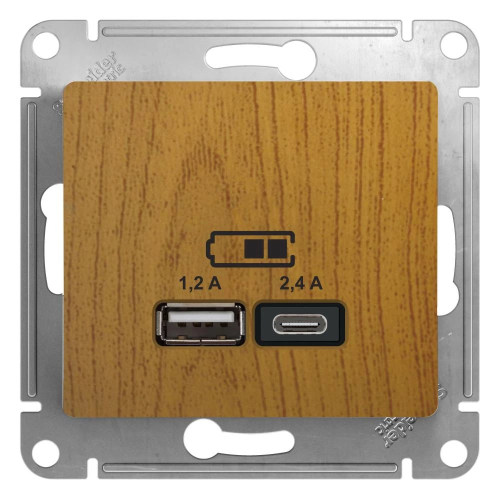  артикул GSL000539 название Розетка USB 2-ая Тип А+С, 2400 мА (для подзарядки) , Дерево Дуб, серия Glossa, Schneider Electric