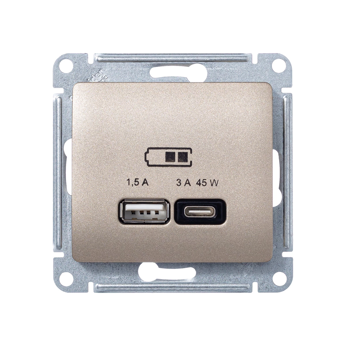  артикул GSL000429 название Розетка двойная для быcтрой зарядки USB, Тип А+С, 45Вт , Титан, серия Glossa, Schneider Electric